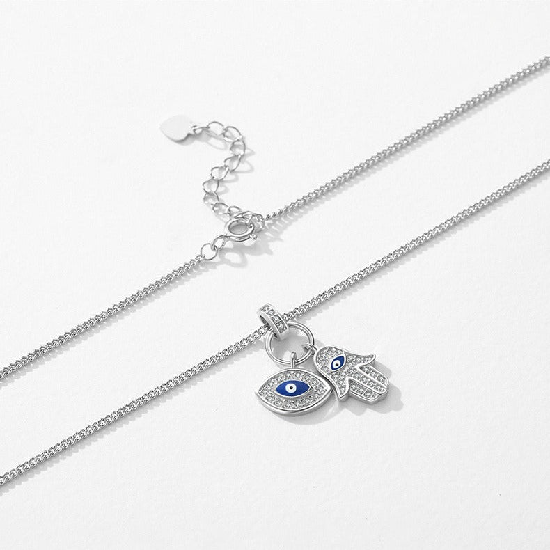 Sterling Silver Evil Eye & Hamsa Pendant Necklace – Cubic Zirconia, Hypoallergenic, Waterproof, Protection Jewellery Gift