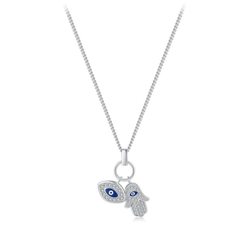 Sterling Silver Evil Eye & Hamsa Pendant Necklace – Cubic Zirconia, Hypoallergenic, Waterproof, Protection Jewellery Gift