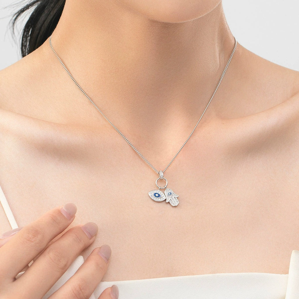 Sterling Silver Evil Eye & Hamsa Pendant Necklace – Cubic Zirconia, Hypoallergenic, Waterproof, Protection Jewellery Gift