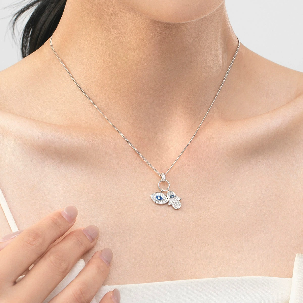 Sterling Silver Evil Eye & Hamsa Pendant Necklace – Cubic Zirconia, Hypoallergenic, Waterproof, Protection Jewellery Gift