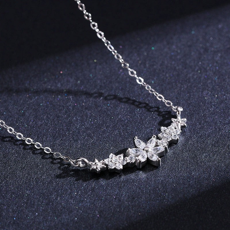 Sterling Silver Flower Necklace with Sparkling Crystals – Hypoallergenic, Waterproof, Elegant Jewellery Gift