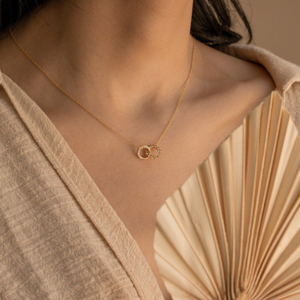 Sterling Silver Gold Sun & Moon Necklace, Waterproof, Hypoallergenic, Gift-Ready, Adjustable 16-18in