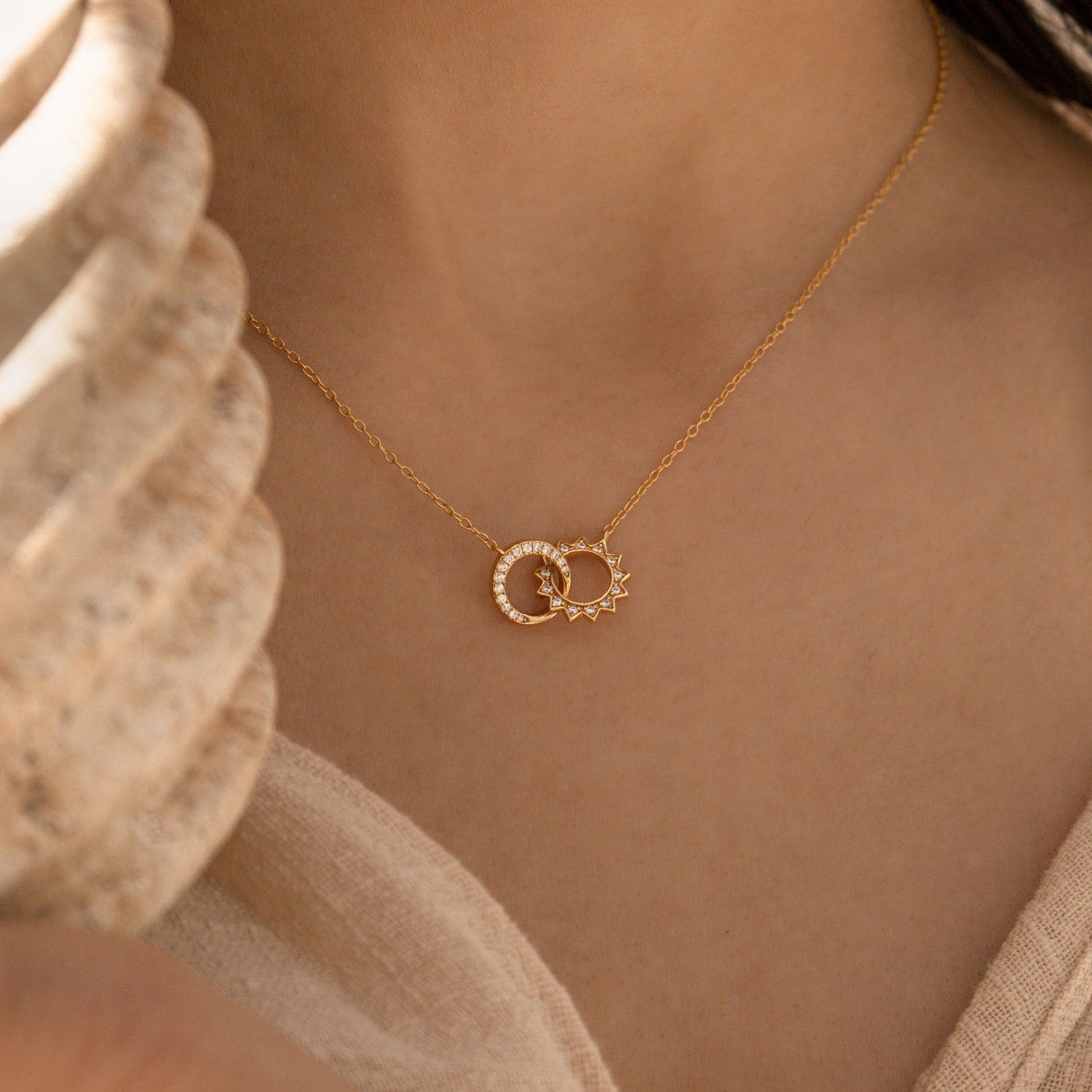 Sterling Silver Gold Sun & Moon Necklace, Waterproof, Hypoallergenic, Gift-Ready, Adjustable 16-18in