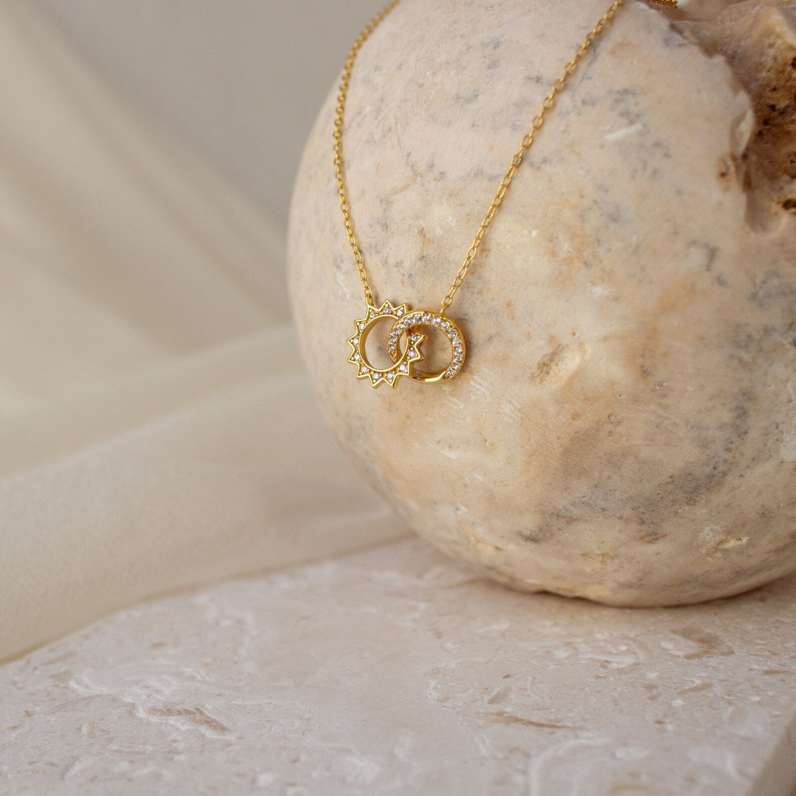Sterling Silver Gold Sun & Moon Necklace, Waterproof, Hypoallergenic, Gift-Ready, Adjustable 16-18in