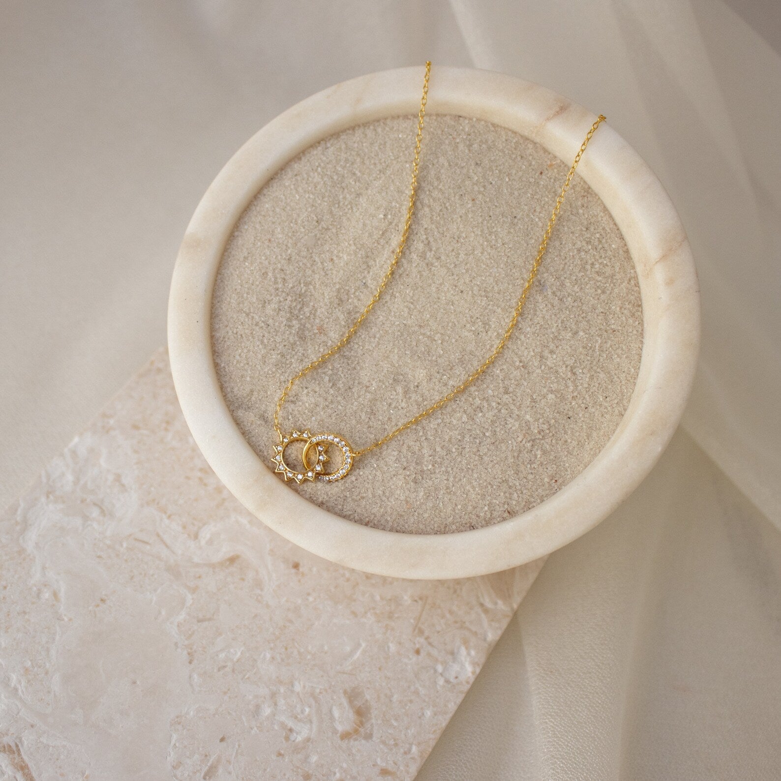 Sterling Silver Gold Sun & Moon Necklace, Waterproof, Hypoallergenic, Gift-Ready, Adjustable 16-18in