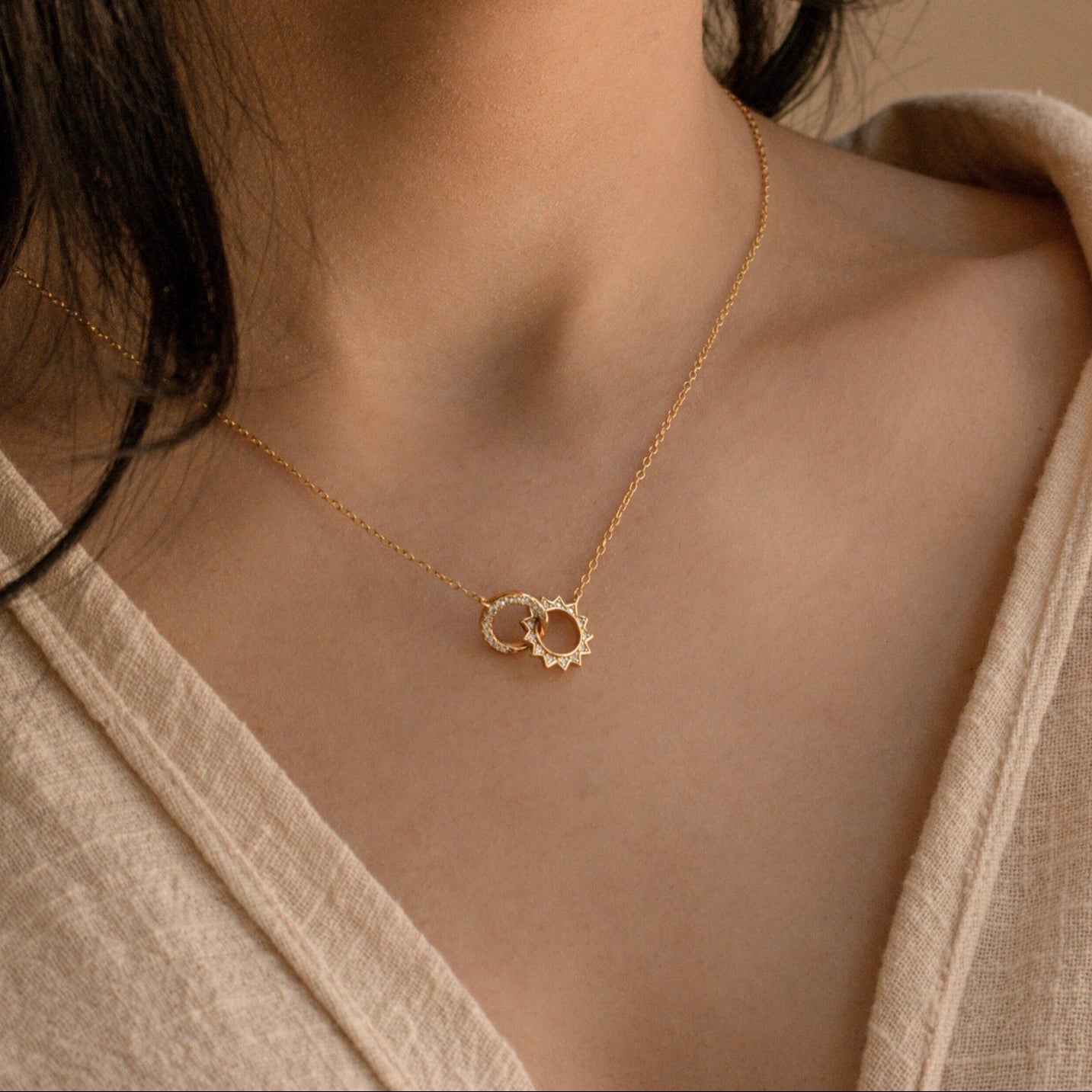 Sterling Silver Gold Sun & Moon Necklace, Waterproof, Hypoallergenic, Gift-Ready, Adjustable 16-18in