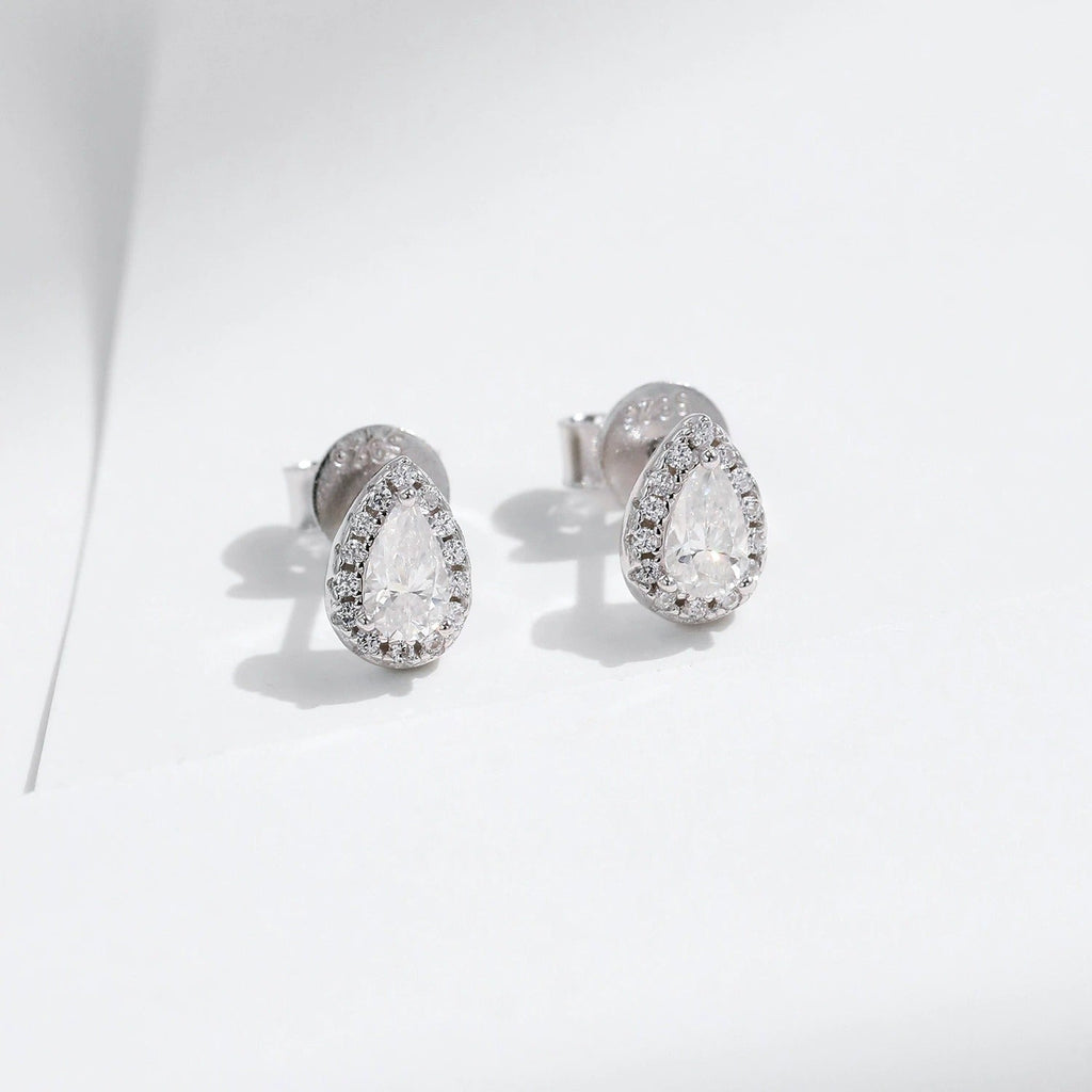 Sterling Silver Halo Earrings with Teardrop Crystals - Hypoallergenic & Waterproof