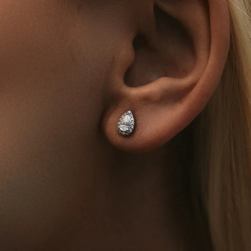 Sterling Silver Halo Earrings with Teardrop Crystals - Hypoallergenic & Waterproof