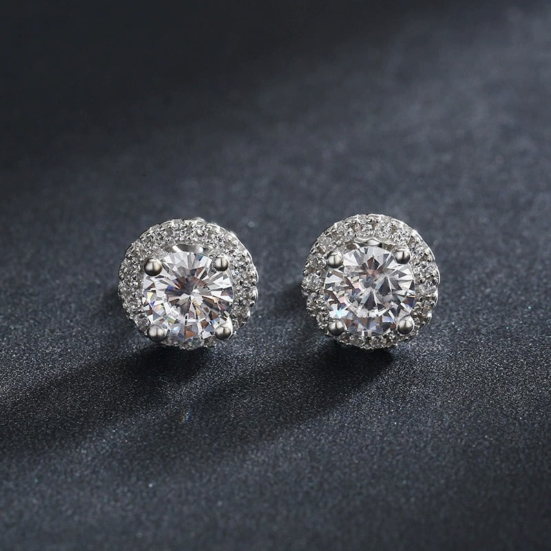 Sterling Silver Halo Stud Earrings with Cubic Zirconia – Hypoallergenic, Waterproof, Classic Gift for Women