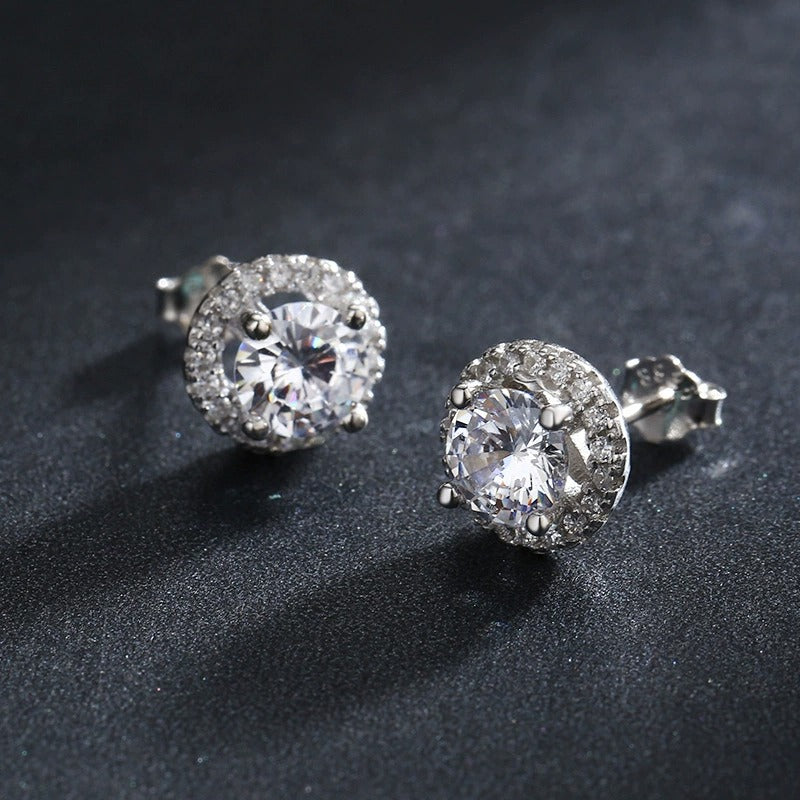 Sterling Silver Halo Stud Earrings with Cubic Zirconia – Hypoallergenic, Waterproof, Classic Gift for Women