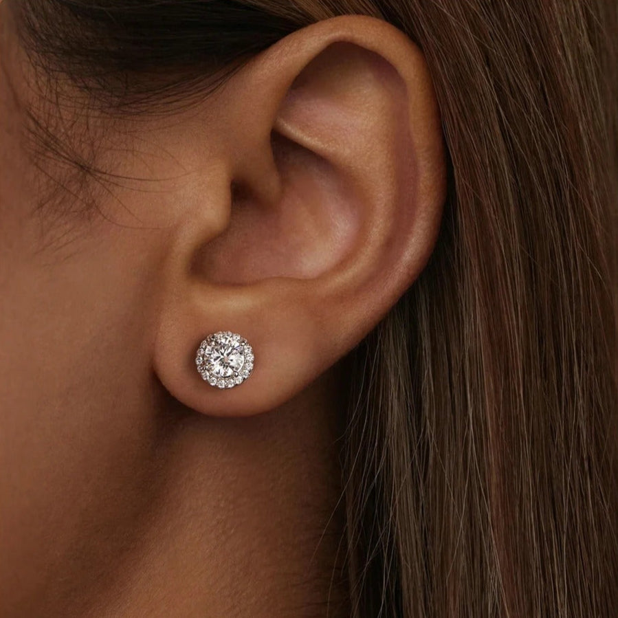Sterling Silver Halo Stud Earrings with Cubic Zirconia – Hypoallergenic, Waterproof, Classic Gift for Women