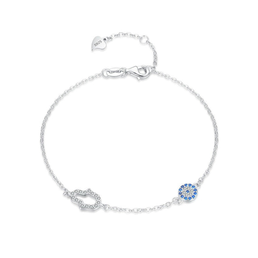Sterling Silver Hamsa & Evil Eye Bracelet – Protective Crystal Charm, Waterproof, Hypoallergenic Jewellery Gift