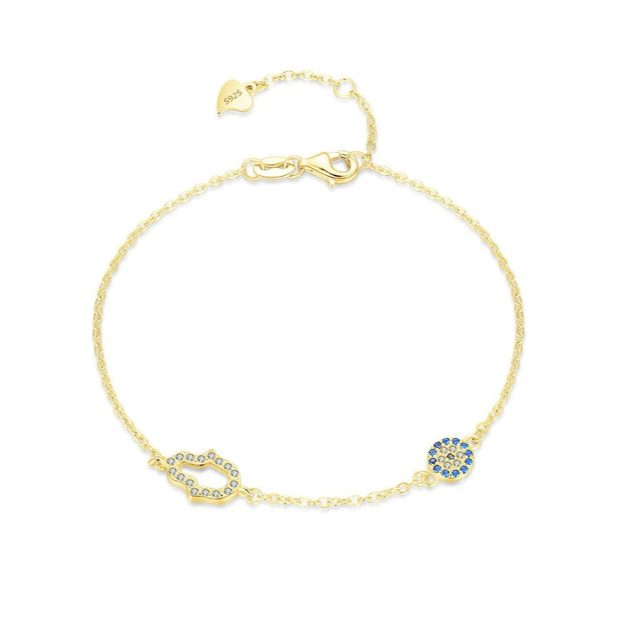 Sterling Silver Hamsa & Evil Eye Bracelet – Protective Crystal Charm, Waterproof, Hypoallergenic Jewellery Gift Gold