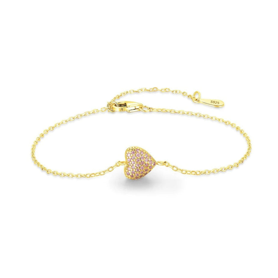 Sterling Silver Heart Bracelet with Pink Crystals – Adjustable, Hypoallergenic, Waterproof Jewellery Gift Gold