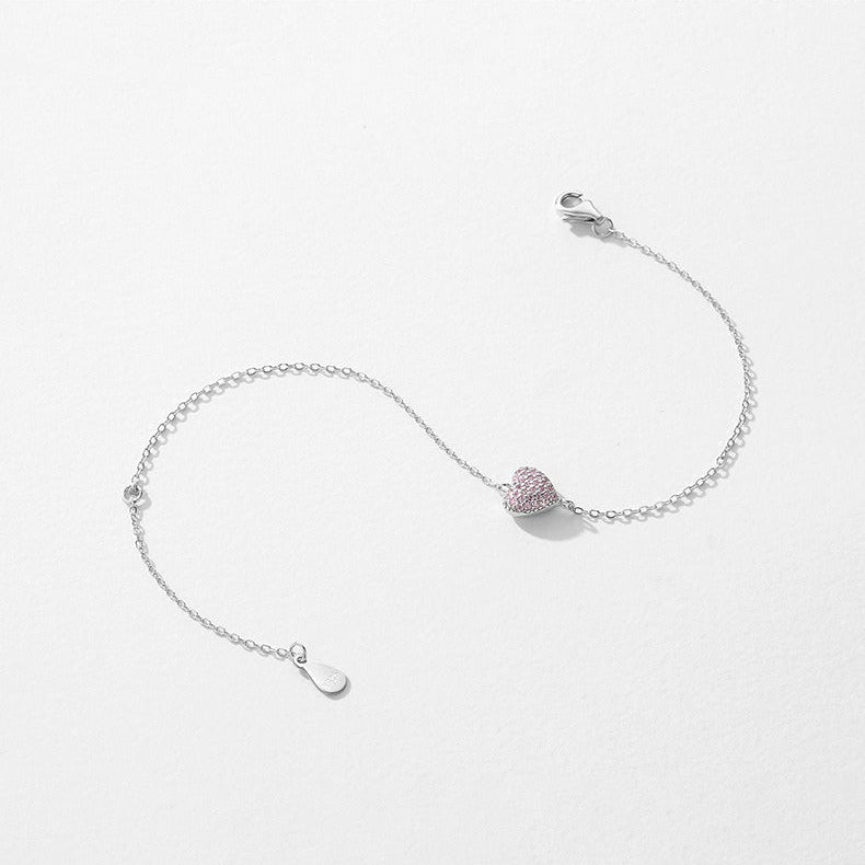 Sterling Silver Heart Bracelet with Pink Crystals – Adjustable, Hypoallergenic, Waterproof Jewellery Gift