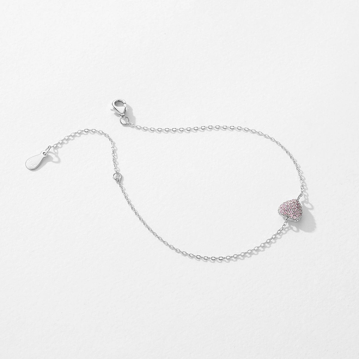 Sterling Silver Heart Bracelet with Pink Crystals – Adjustable, Hypoallergenic, Waterproof Jewellery Gift