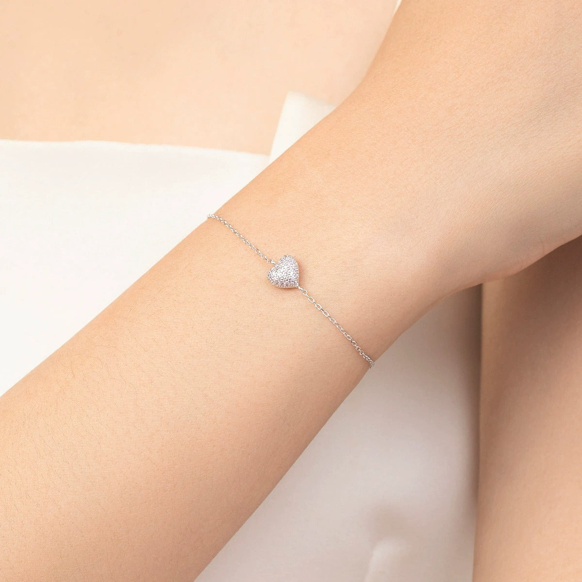 Sterling Silver Heart Bracelet with Pink Crystals – Adjustable, Hypoallergenic, Waterproof Jewellery Gift