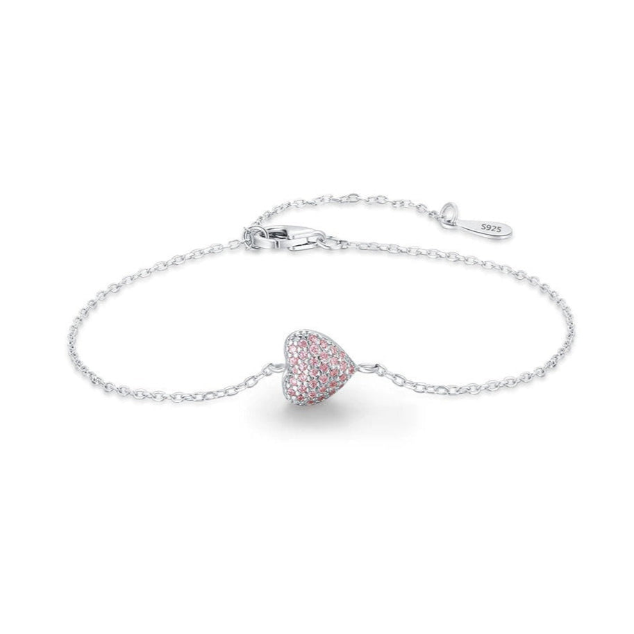 Sterling Silver Heart Bracelet with Pink Crystals – Adjustable, Hypoallergenic, Waterproof Jewellery Gift Silver