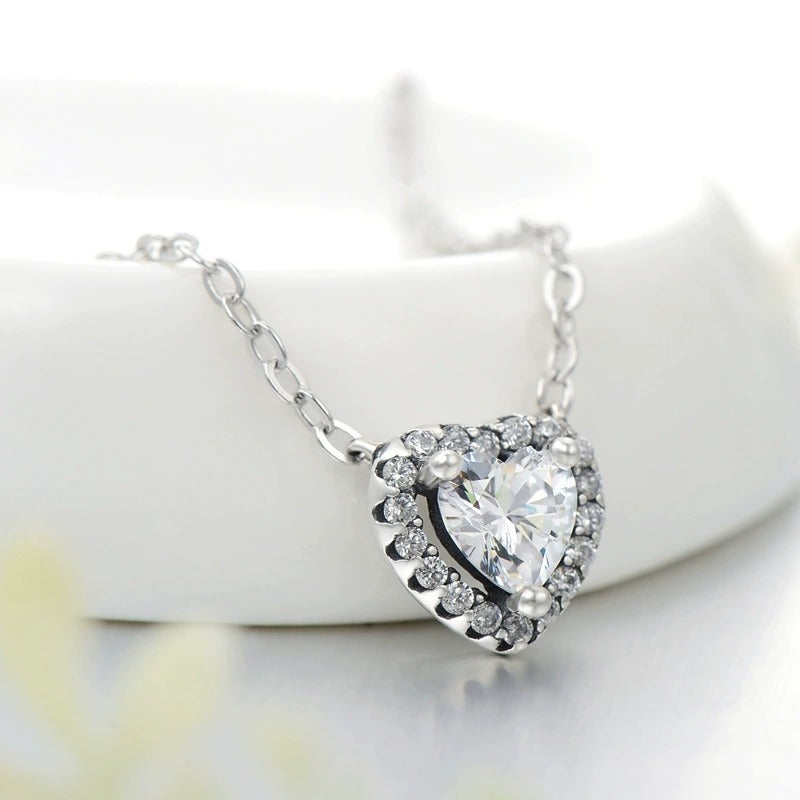 Sterling Silver Heart Pendant Necklace with Cubic Zirconia Halo – Hypoallergenic, Waterproof, Gift for Women