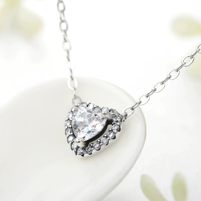 Sterling Silver Heart Pendant Necklace with Cubic Zirconia Halo – Hypoallergenic, Waterproof, Gift for Women