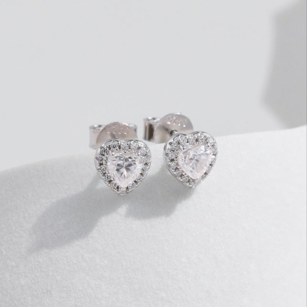 Sterling Silver Heart Stud Earrings with Cubic Zirconia – Hypoallergenic, Waterproof, Romantic Gift for Women