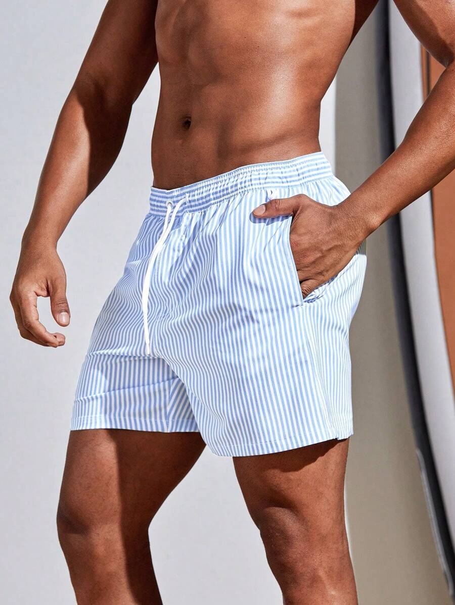 Men's Striped Drawstring Swim Trunks - Stylish Gym Fitness Beach Shorts Light Blue