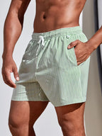 Men's Striped Drawstring Swim Trunks - Stylish Gym Fitness Beach Shorts Green