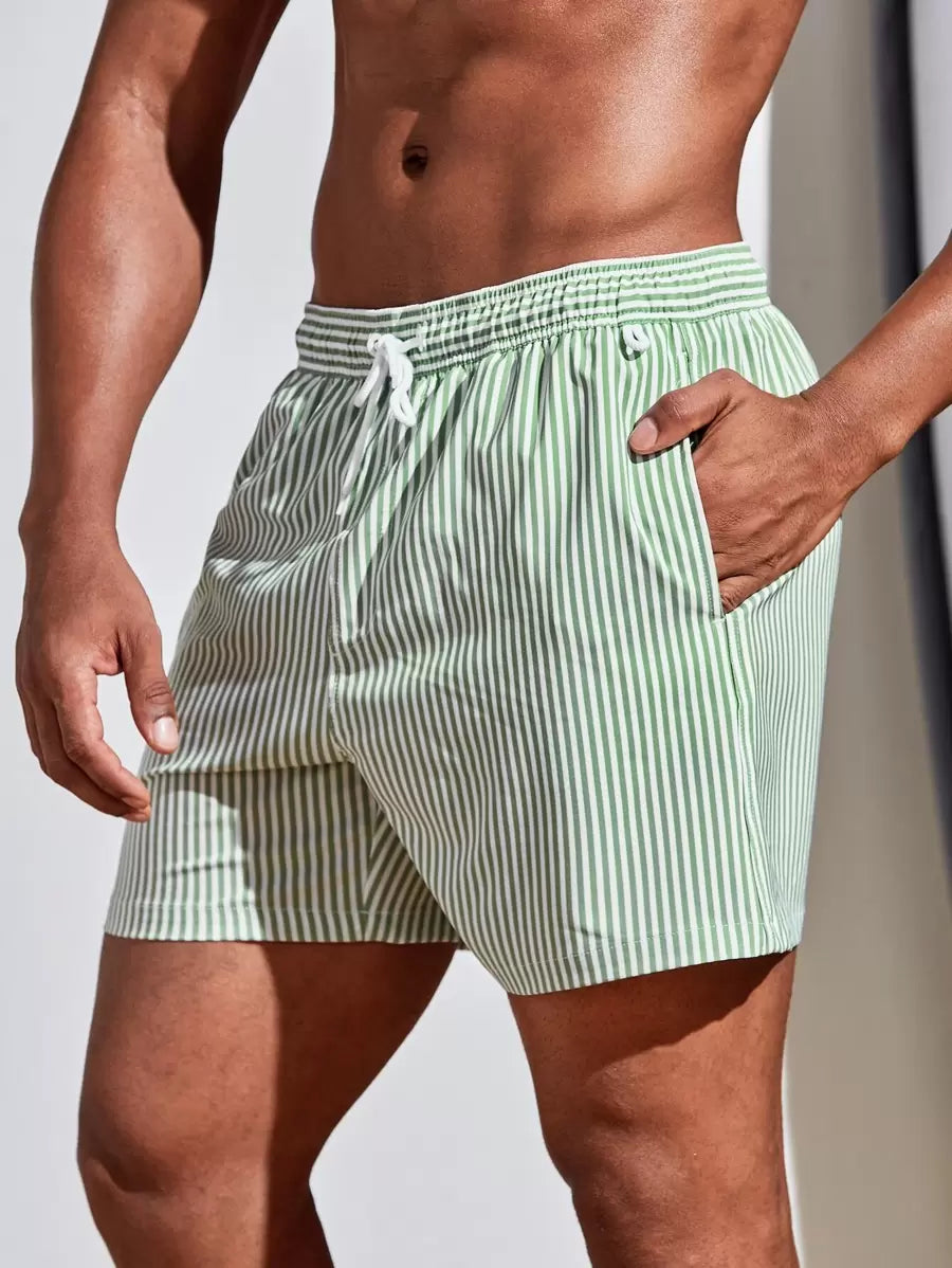 Men's Striped Drawstring Swim Trunks - Stylish Gym Fitness Beach Shorts Green