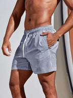 Men's Striped Drawstring Swim Trunks - Stylish Gym Fitness Beach Shorts Blue
