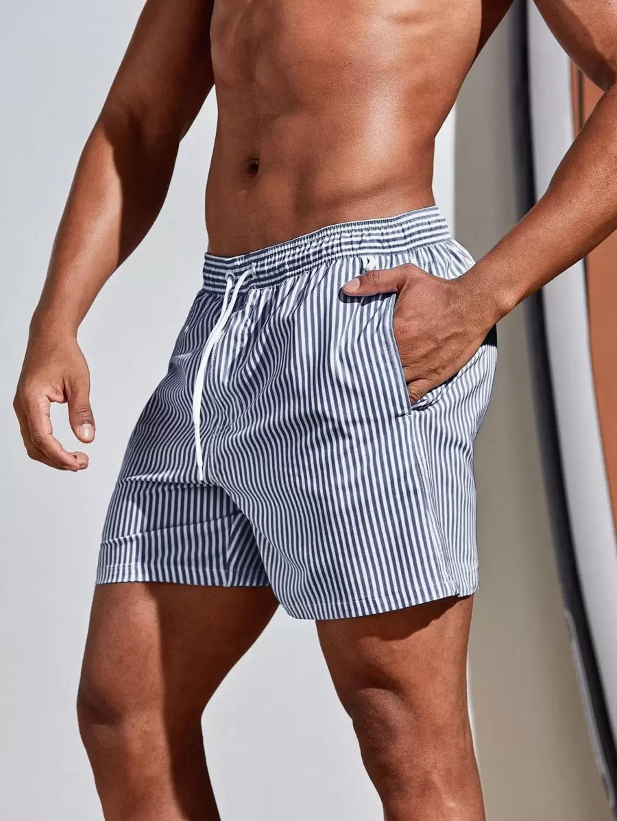 Men's Striped Drawstring Swim Trunks - Stylish Gym Fitness Beach Shorts Blue