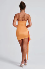 Women's Satin Mini Dress with One Shoulder, Drape Frill & Asymmetric Hem | Orange