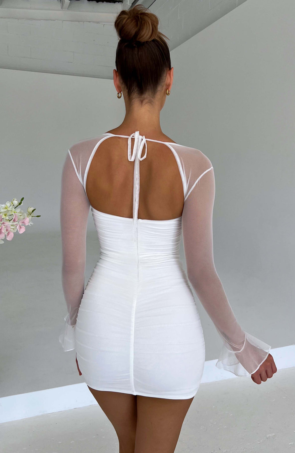 Women's Brea Mini Dress - Premium Ruched Mesh, Underwired Cups, Sheer Long Sleeves | White