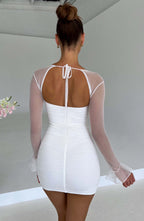 Women's Brea Mini Dress - Premium Ruched Mesh, Underwired Cups, Sheer Long Sleeves | White