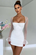 Women's Brea Mini Dress - Premium Ruched Mesh, Underwired Cups, Sheer Long Sleeves | White