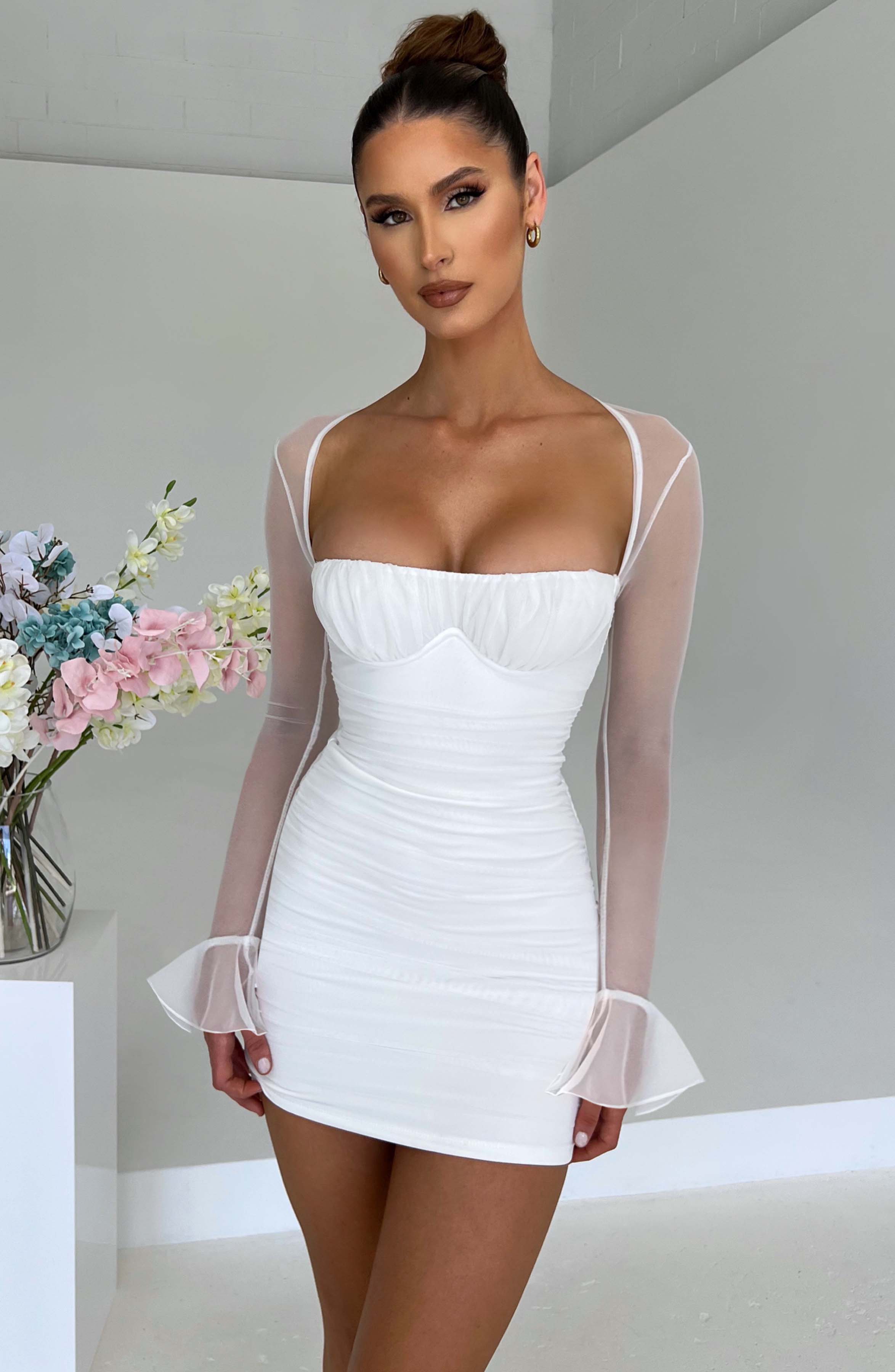 Women's Brea Mini Dress - Premium Ruched Mesh, Underwired Cups, Sheer Long Sleeves | White