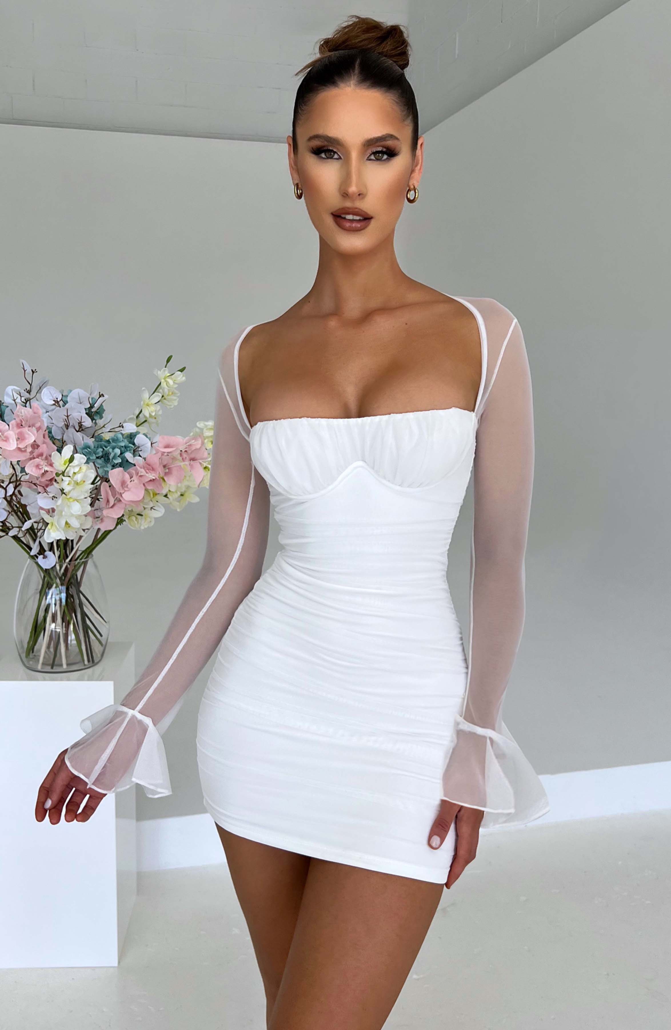 Women's Brea Mini Dress - Premium Ruched Mesh, Underwired Cups, Sheer Long Sleeves | White