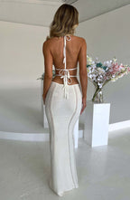 Women's Crochet Knit Maxi Dress with Plunge Neckline and Backless Ties for Effortless Style | White