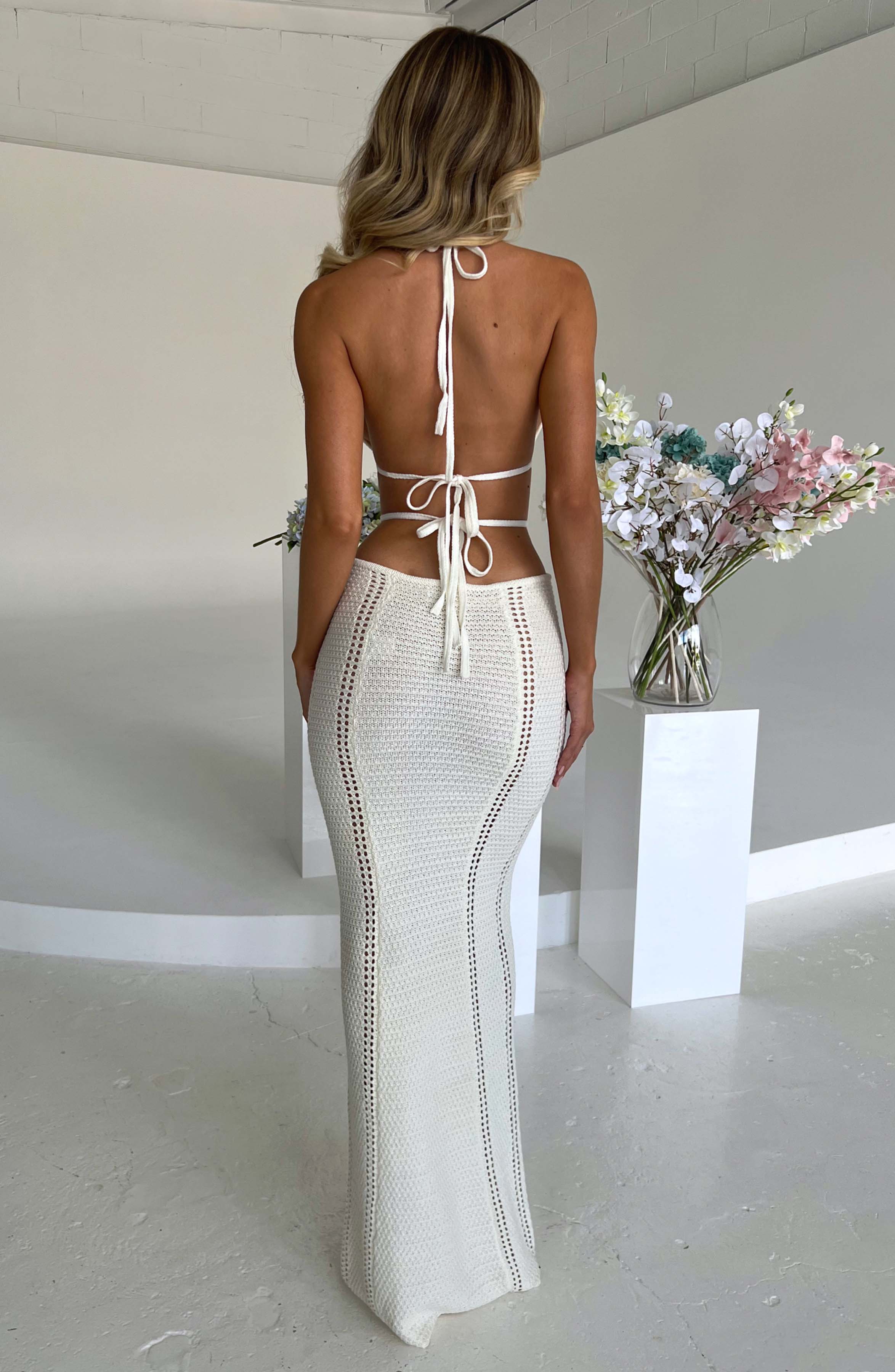 Women's Crochet Knit Maxi Dress with Plunge Neckline and Backless Ties for Effortless Style | White