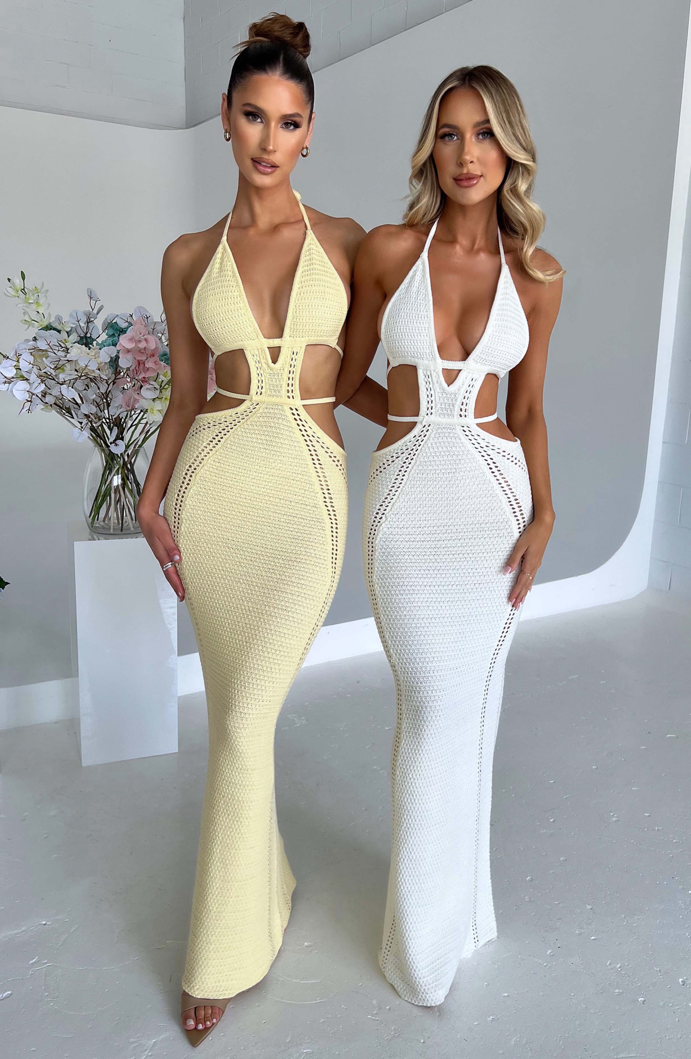 Women's Crochet Knit Maxi Dress with Plunge Neckline and Backless Ties for Effortless Style | White