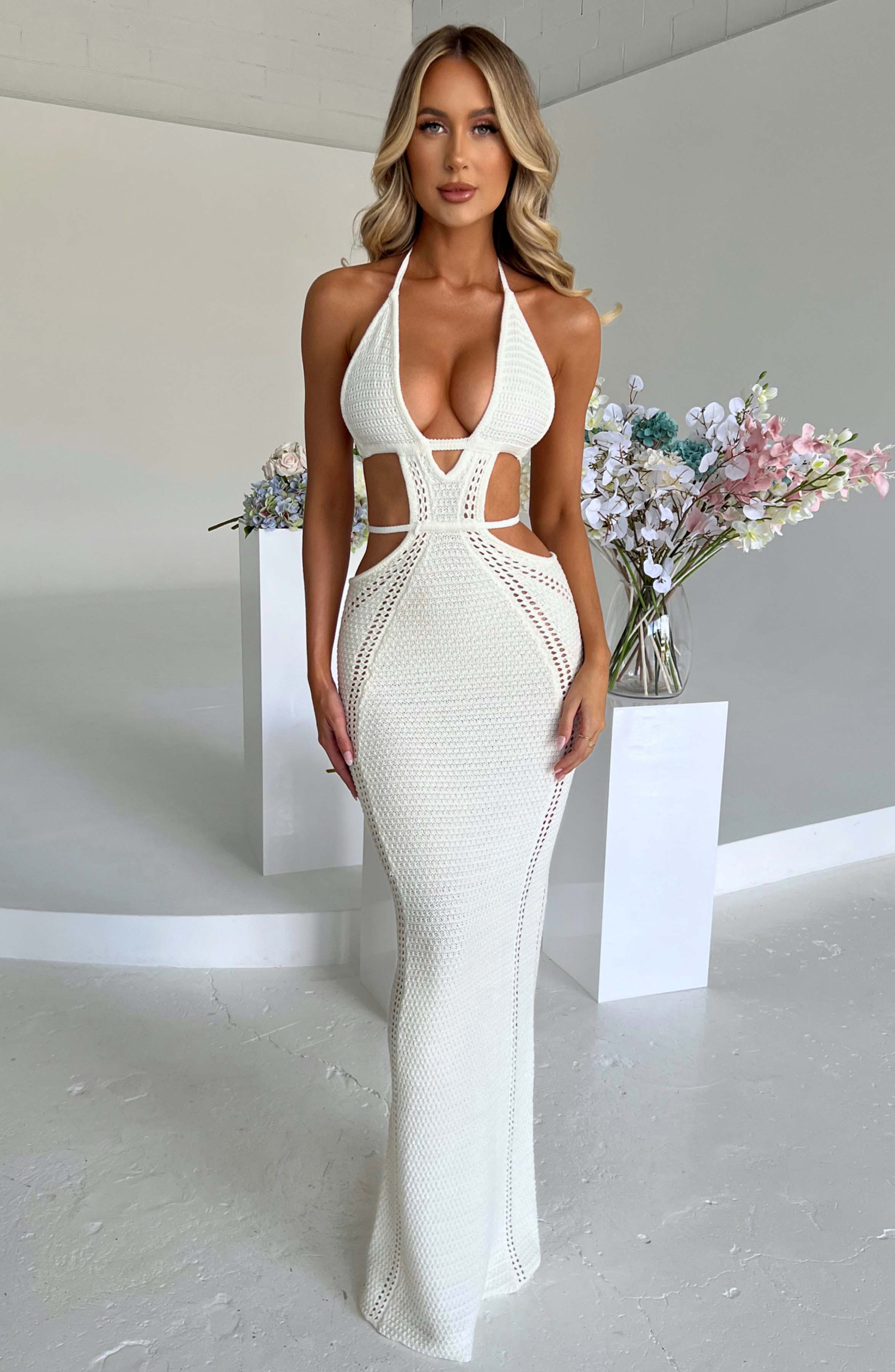 Women's Crochet Knit Maxi Dress with Plunge Neckline and Backless Ties for Effortless Style | White XL
