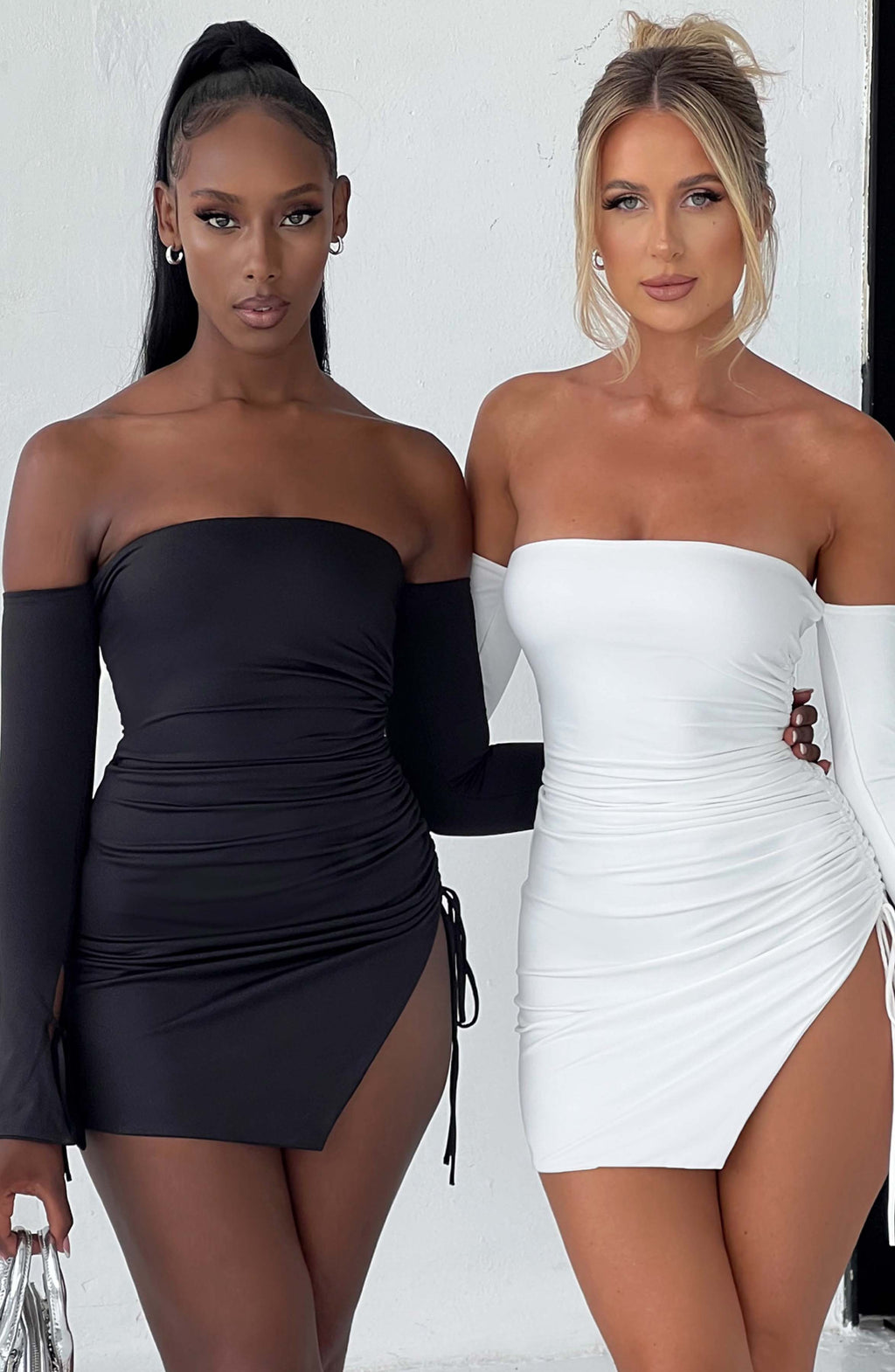 Women's Off-the-Shoulder Mini Dress with Long Sleeves, Tie Detail & Side Split | White