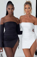Women's Off-the-Shoulder Mini Dress with Long Sleeves, Tie Detail & Side Split | White