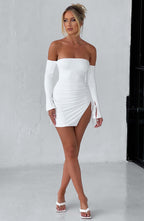 Women's Off-the-Shoulder Mini Dress with Long Sleeves, Tie Detail & Side Split | White