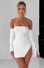 Women's Off-the-Shoulder Mini Dress with Long Sleeves, Tie Detail & Side Split | White