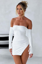 Women's Off-the-Shoulder Mini Dress with Long Sleeves, Tie Detail & Side Split | White