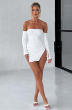 Women's Off-the-Shoulder Mini Dress with Long Sleeves, Tie Detail & Side Split | White