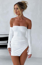 Women's Off-the-Shoulder Mini Dress with Long Sleeves, Tie Detail & Side Split | White XL
