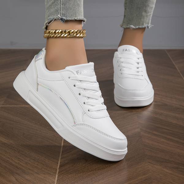 Orthopaedic Women's PU Leather Sneakers with Gold or Silver Accents for Everyday Wear | White