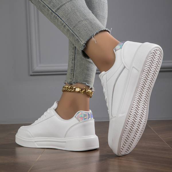 Orthopaedic Women's PU Leather Sneakers with Gold or Silver Accents for Everyday Wear | White