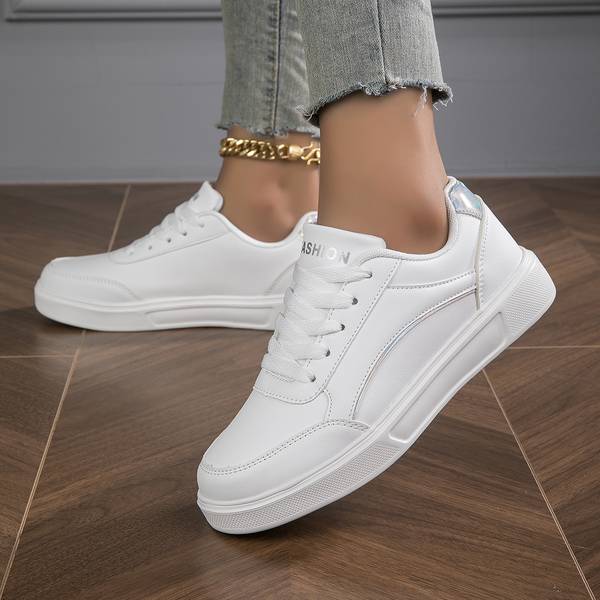Orthopaedic Women's PU Leather Sneakers with Gold or Silver Accents for Everyday Wear | White Silver